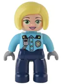 Minifigurka: 47394PB334:  Duplo Figure Lego Ville, Female Police, Dark Blue Legs, Medium Azure Top with Silver Badge and Radio Pattern, Bright Light Yellow Hair (6374290)