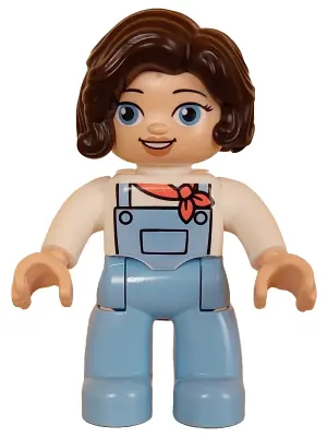 47394PB340:  Duplo Figure Lego Ville, Female, Bright Light Blue Legs with Overalls, White Top, Dark Brown Hair (6427981)
