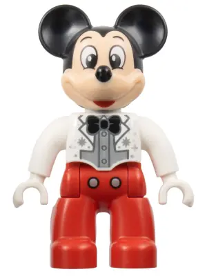 47394PB342:  Duplo Figure Lego Ville, Mickey Mouse, White Jacket, Red Legs, Silver Shirt, Black Bow Tie (6438771)
