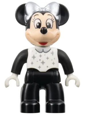 47394PB343:  Duplo Figure Lego Ville, Minnie Mouse, Black Legs and Sleeves, White Top, and Silver Collar, Sparkles, Dots, and Bow (6438760)