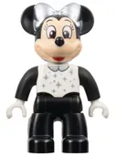 Minifigurka: 47394PB343:  Duplo Figure Lego Ville, Minnie Mouse, Black Legs and Sleeves, White Top, and Silver Collar, Sparkles, Dots, and Bow (6438760)