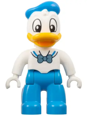 47394PB344:  Duplo Figure Lego Ville, Donald Duck, Dark Azure Legs and Hat, White Shirt with Metallic Light Blue Bow (6438668)