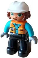 Minifigurka: 47394PB346:  Duplo Figure Lego Ville, Female, Black Legs, Orange Vest with Name Tag and Pocket Pattern, Medium Azure Shirt, Light Bluish Gray Hands, White Construction Helmet (6427943)
