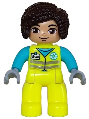 47394PB348:  Duplo Figure Lego Ville, Female Garbage Worker, Neon Yellow Uniform, Medium Azure Shirt with White Name Badge and Recycle Logo Pattern, Dark Brown Hair (6446215)