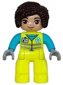 Minifigurka: 47394PB348:  Duplo Figure Lego Ville, Female Garbage Worker, Neon Yellow Uniform, Medium Azure Shirt with White Name Badge and Recycle Logo Pattern, Dark Brown Hair (6446215)