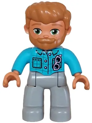 47394PB349:  Duplo Figure Lego Ville, Male, Light Bluish Gray Legs, Medium Azure Jacket with Bright Pink Buttons and Glasses Pattern, Medium Nougat Hair and Beard (6465885)