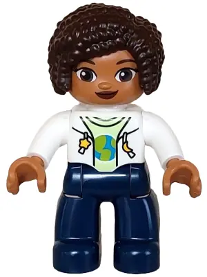 47394PB350:  Duplo Figure Lego Ville, Female, Dark Blue Legs, White Vest with Star and Moon Fasteners Pattern, Yellowish Green Shirt, Dark Brown Hair (6442943)
