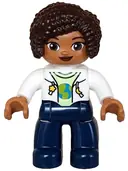 Minifigurka: 47394PB350:  Duplo Figure Lego Ville, Female, Dark Blue Legs, White Vest with Star and Moon Fasteners Pattern, Yellowish Green Shirt, Dark Brown Hair (6442943)