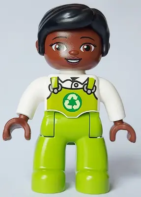 47394PB351:  Duplo Figure Lego Ville, Female, Lime Legs with Overalls and Recycling Logo, Black Hair (6464666)