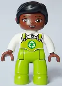 Minifigurka: 47394PB351:  Duplo Figure Lego Ville, Female, Lime Legs with Overalls and Recycling Logo, Black Hair (6464666)