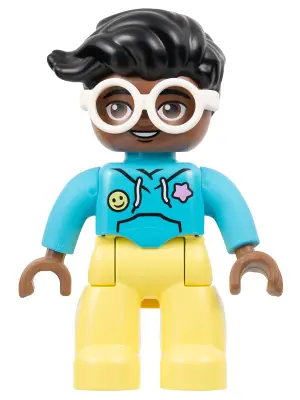 47394PB352:  Duplo Figure Lego Ville, Female, Bright Light Yellow Legs, Medium Azure Hoodie Shirt, White Glasses, Black Hair (6446173)