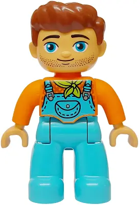 47394PB355:  Duplo Figure Lego Ville, Male, Medium Azure Legs with Overalls and Pocket, Lime Bandana, Reddish Brown Hair and Stubble (6477388)