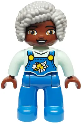 47394PB357:  Duplo Figure Lego Ville, Female, Blue Legs with Overalls, Bee and Daisy, Light Bluish Gray Hair (6469007, 6569838)