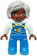 Minifigurka: 47394PB357:  Duplo Figure Lego Ville, Female, Blue Legs with Overalls, Bee and Daisy, Light Bluish Gray Hair (6469007, 6569838)