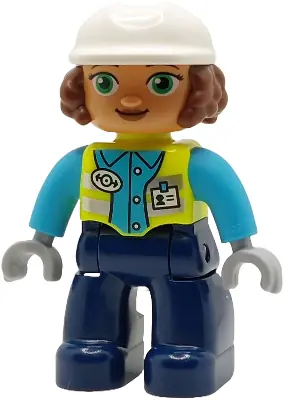 47394PB362:  Duplo Figure Lego Ville, Female Railway Worker, Dark Blue Legs, Neon Yellow Vest with Name Tag and Train Logo, Medium Azure Shirt, Light Bluish Gray Hands, White Construction Helmet  (6489390)