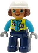 Minifigurka: 47394PB362:  Duplo Figure Lego Ville, Female Railway Worker, Dark Blue Legs, Neon Yellow Vest with Name Tag and Train Logo, Medium Azure Shirt, Light Bluish Gray Hands, White Construction Helmet  (6489390)