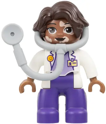 47394PB364:  Duplo Figure Lego Ville, Female Medic, Dark Purple Legs, White Top with ID Badge Pattern, White Arms, Dark Brown Hair, Attached Stethoscope, Vitiligo (6533434 / 6548219)