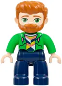 Minifigurka: 47394PB365:  Duplo Figure Lego Ville, Male, Dark Blue Legs, Bright Green Hoodie over Coral, White and Yellow Shirt, Dark Orange Hair and Beard (6534760 / 6566997)