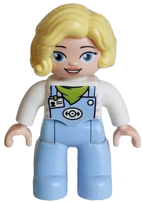 47394PB366:  Duplo Figure Lego Ville, Female Train Driver, Bright Light Blue Legs with Overalls with Name Tag, Train Logo, Lime Scarf Pattern, Bright Light Yellow Hair (6488901 / 6569837)