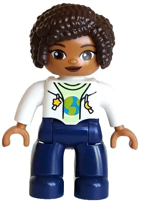 47394PB367:  Duplo Figure Lego Ville, Female, Dark Blue Legs, White Jacket over Yellowish Green Shirt with Blue and Lime Planet, Yellow Star and Moon Pattern, Dark Brown Hair (6442943 / 6604625)