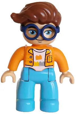 47394PB368:  Duplo Figure Lego Ville, Male, Medium Azure Legs, Orange Plaid Jacket over White Shirt with Silver Buttons, Yellow Collar and Pocket, Bricks Pattern, Reddish Brown Hair, Attached Dark Blue Glasses (64