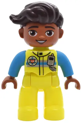 47394PB369:  Duplo Figure Lego Ville, Male, Neon Yellow Legs, Uniform Vest with Silver and Dark Azure Stripes, Radio and EMT Star of Life Pattern, Dark Brown Hair (6527690 / 6569862)