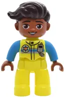 Minifigurka: 47394PB369:  Duplo Figure Lego Ville, Male, Neon Yellow Legs, Uniform Vest with Silver and Dark Azure Stripes, Radio and EMT Star of Life Pattern, Dark Brown Hair (6527690 / 6569862)