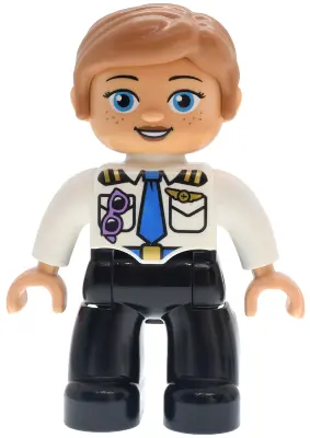 47394PB374:  Duplo Figure Lego Ville, Female, Black Legs, White Pilot Uniform, Blue Tie, Medium Lavender Glasses, Gold Wings Badge Pattern, Medium Nougat Hair (6559786)