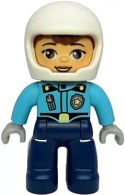 47394PB375:  Duplo Figure Lego Ville, Female Police, Dark Blue Legs, Medium Azure Top with Badge and Zipper, White Helmet (6586684)