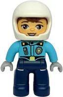 Minifigurka: 47394PB375:  Duplo Figure Lego Ville, Female Police, Dark Blue Legs, Medium Azure Top with Badge and Zipper, White Helmet (6586684)