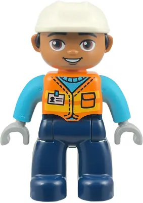 47394PB377:  Duplo Figure Lego Ville, Male, Construction Worker, Dark Blue Legs, Orange Vest with Name Tag, Medium Azure Shirt, Light Bluish Gray Hands, White Helmet (6585846)