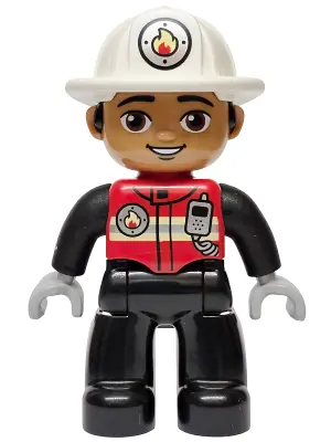 47394PB378:  Duplo Figure Lego Ville, Male Firefighter, Black Legs, Red Vest with Silver Fire Badge and Radio, Medium Nougat Face, White Helmet with Fire Badge (6589646)