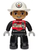 Minifigurka: 47394PB378:  Duplo Figure Lego Ville, Male Firefighter, Black Legs, Red Vest with Silver Fire Badge and Radio, Medium Nougat Face, White Helmet with Fire Badge (6589646)