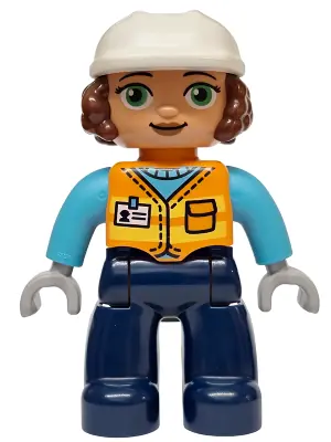 47394PB379:  Duplo Figure Lego Ville, Female, Dark Blue Legs, Orange Vest with Name Tag Pattern, Medium Azure Shirt, Light Bluish Gray Hands, White Construction Helmet (6589830)