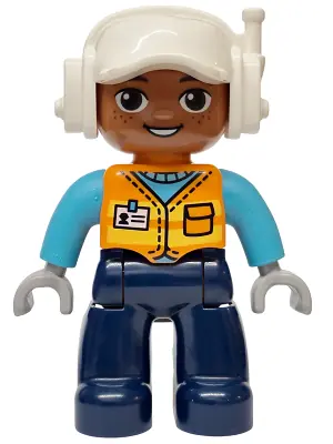 47394PB380:  Duplo Figure Lego Ville, Male, Dark Blue Legs, Orange Vest with Name Tag Pattern, Medium Azure Arms, White Cap with Headset (6589826)