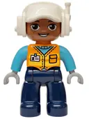 Minifigurka: 47394PB380:  Duplo Figure Lego Ville, Male, Dark Blue Legs, Orange Vest with Name Tag Pattern, Medium Azure Arms, White Cap with Headset (6589826)