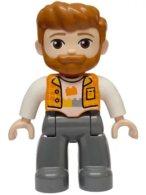 47394PB381:  Duplo Figure Lego Ville, Male, Dark Bluish Gray Legs, Orange Vest over White Shirt with Bricks Pattern, Dark Orange Hair and Beard (6590834)