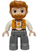Minifigurka: 47394PB381:  Duplo Figure Lego Ville, Male, Dark Bluish Gray Legs, Orange Vest over White Shirt with Bricks Pattern, Dark Orange Hair and Beard (6590834)