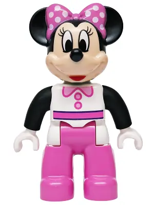 47394PB383:  Duplo Figure Lego Ville, Minnie Mouse, White Top with Black Sleeves, Dark Pink Legs (6600689)