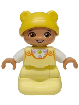 7627PB01:  Duplo Figure Lego Ville, Baby, Bright Light Yellow Sleep Sack, White Top with Paw Prints Pattern, Yellow Hat (6567923)
