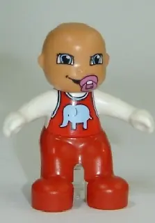85363PB001:  Duplo Figure Lego Ville, Baby, Red Overalls with Elephant Pattern, Pacifier