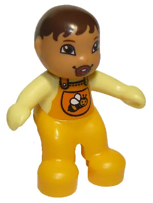 85363PB003:  Duplo Figure Lego Ville, Baby, Bright Light Orange Overalls with Bib with Bee Pattern, Pacifier