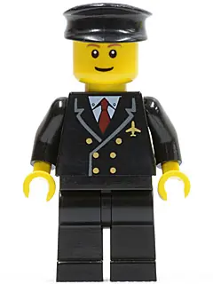 AIR022:  Airport - Pilot with Red Tie and 6 Buttons, Black Legs, Black Hat, Brown Eyebrows, Thin Grin