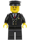 Minifigurka: AIR022:  Airport - Pilot with Red Tie and 6 Buttons, Black Legs, Black Hat, Brown Eyebrows, Thin Grin