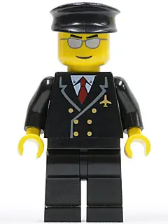 AIR032:  Airport - Pilot with Red Tie and 6 Buttons, Black Legs, Black Hat, Silver Glasses