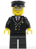 Minifigurka: AIR032:  Airport - Pilot with Red Tie and 6 Buttons, Black Legs, Black Hat, Silver Glasses