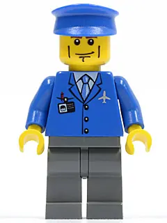 AIR039:  Airport - Blue 3 Button Jacket & Tie, Blue Hat, Dark Bluish Gray Legs, Vertical Cheek Lines