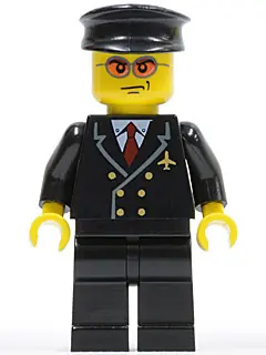 AIR042:  Airport - Pilot with Red Tie and 6 Buttons, Black Legs, Black Hat, Orange Sunglasses