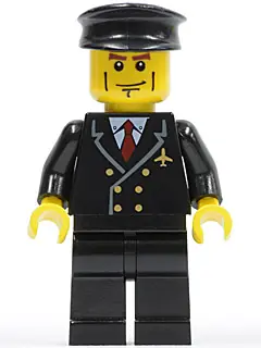 AIR043:  Airport - Pilot with Red Tie and 6 Buttons, Black Legs, Black Hat, Vertical Cheek Lines