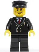 Minifigurka: AIR043:  Airport - Pilot with Red Tie and 6 Buttons, Black Legs, Black Hat, Vertical Cheek Lines